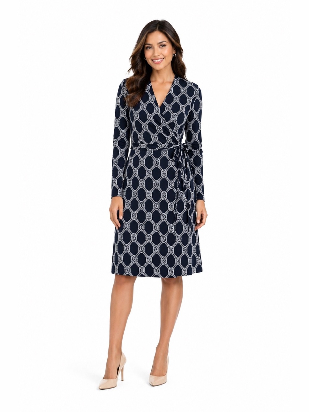 Jones New York Navy and White Long Sleeve Dress